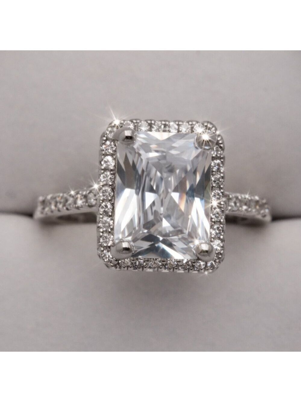 Halo Radiant Simulated Diamond Engagement Ring Size 6 New Rectangular Stone